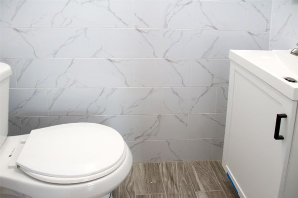 Bathroom, Interior, Marble Walls, Wood Texture Flooring