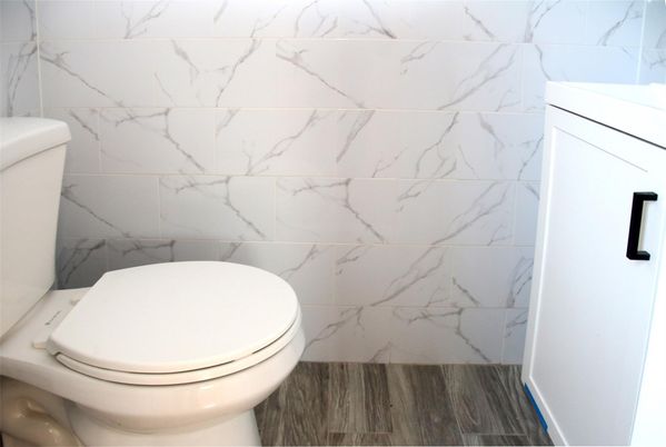 Bathroom, Interior, Marble Walls, Wood Texture Flooring