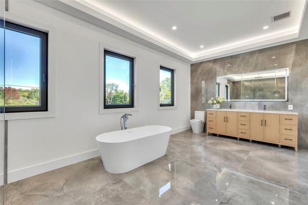 Bathroom, Dual Sink Vanities, Free Standing Baths, Interior, Marble, Recessed Lighting