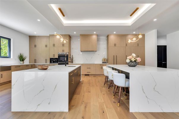 Interior, Kitchen, Marble Walls, Pendant Lights, Recessed Lighting, Wood Texture Flooring