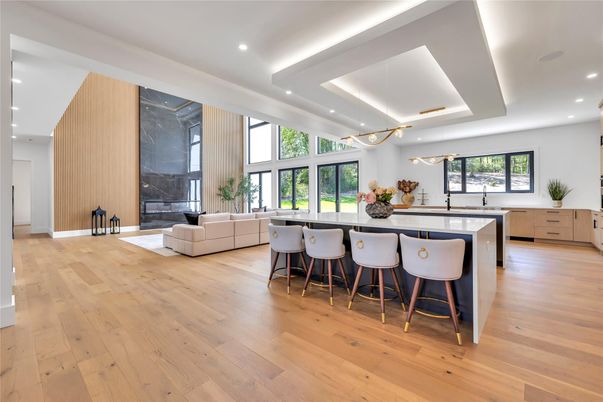 Interior, Kitchen, Living room, Pendant Lights, Recessed Lighting, Wood Texture Flooring