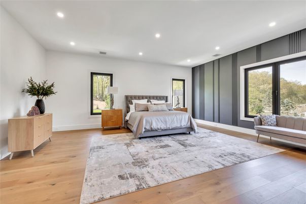 Bedroom, Interior, Recessed Lighting, Wood Texture Flooring