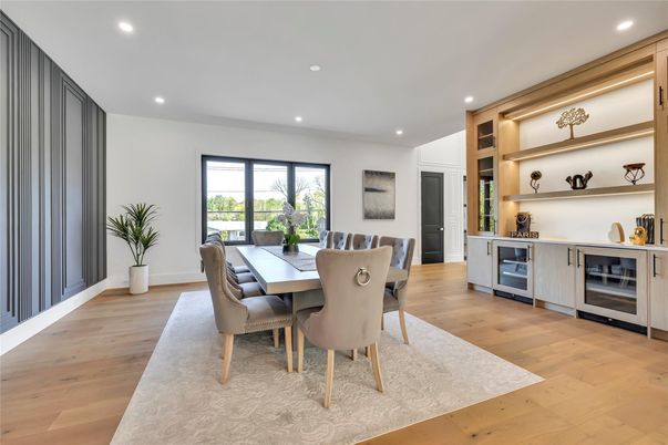 Dining room, Interior, Recessed Lighting, Wood Texture Flooring