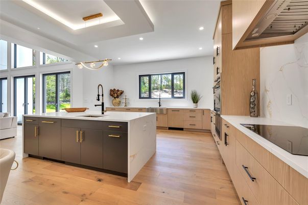 Interior, Kitchen, Marble Walls, Pendant Lights, Recessed Lighting, Wood Texture Flooring