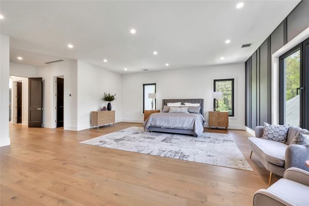 Bedroom, Interior, Recessed Lighting, Wood Texture Flooring