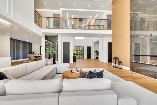 Dining room, Fireplace, Interior, Living room, Recessed Lighting, Wood Texture Flooring