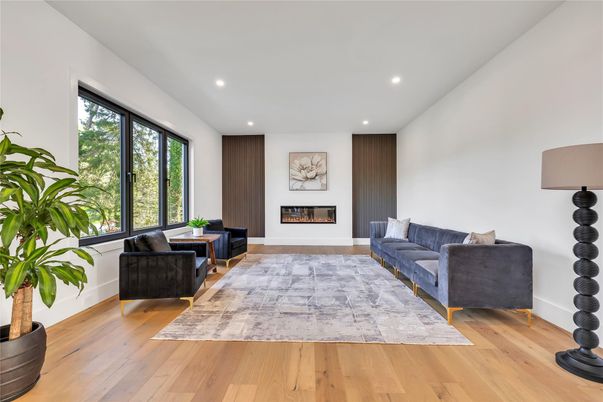 Fireplace, Interior, Living room, Recessed Lighting, Wood Texture Flooring