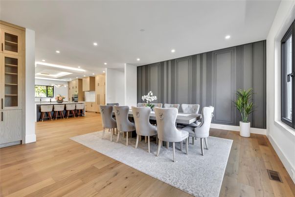 Dining room, Interior, Kitchen, Recessed Lighting, Wood Texture Flooring