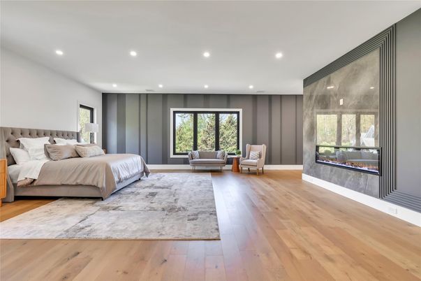 Bedroom, Fireplace, Interior, Recessed Lighting, Wood Texture Flooring
