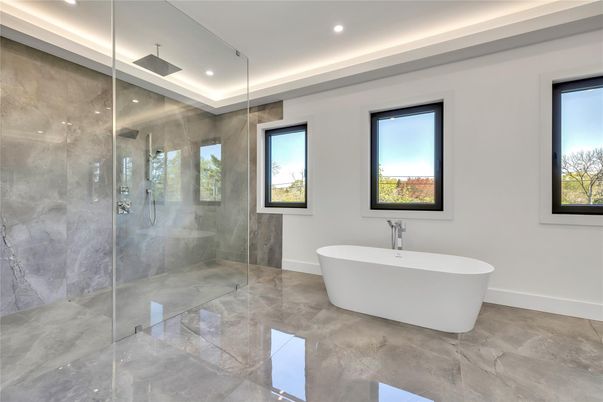 Bathroom, Free Standing Baths, Glass Shower, Interior, Recessed Lighting