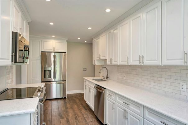 Interior, Kitchen, Recessed Lighting, Stainless Steel Appliances, Wood Texture Flooring