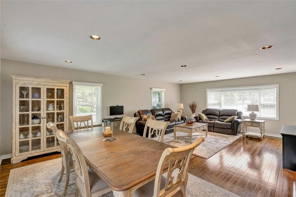 Dining room, Interior, Living room, Recessed Lighting, Wood Texture Flooring