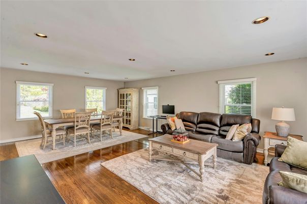 Dining room, Interior, Living room, Recessed Lighting, Wood Texture Flooring