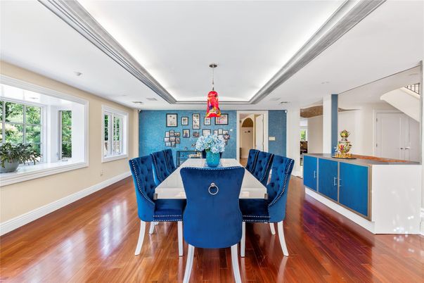 Dining room, Interior, Pendant Lights, Recessed Lighting, Wood Texture Flooring