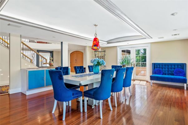 Dining room, Interior, Pendant Lights, Recessed Lighting, Wood Texture Flooring