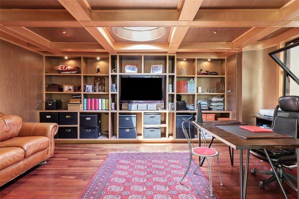 Home Office, Interior, Recessed Lighting, Wooden Beams, Wood Texture Flooring