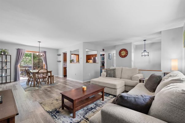 Dining room, Interior, Living room, Pendant Lights, Wood Texture Flooring