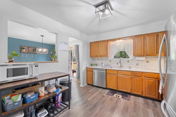 Interior, Kitchen, Pendant Lights, Stainless Steel Appliances, Wood Texture Flooring