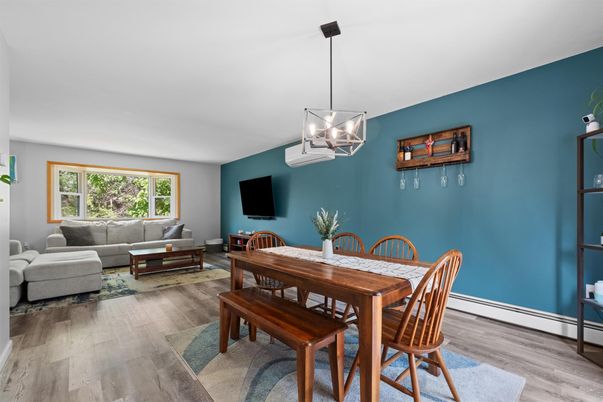 Dining room, Interior, Living room, Pendant Lights, Wood Texture Flooring