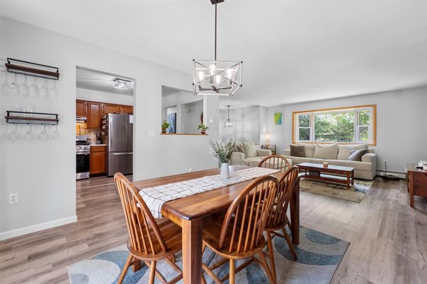Dining room, Interior, Kitchen, Living room, Pendant Lights, Stainless Steel Appliances, Wood Texture Flooring