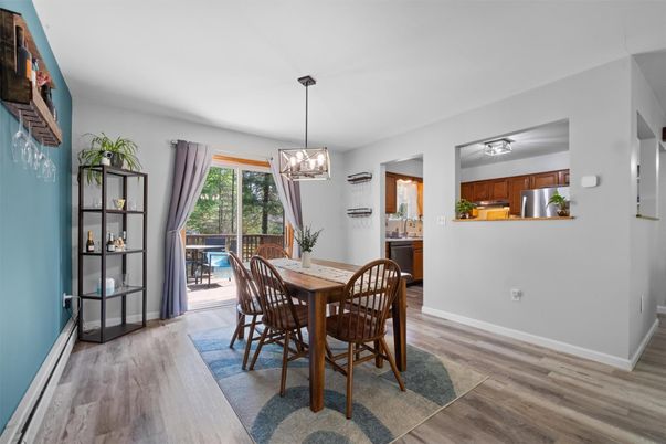 Dining room, Interior, Kitchen, Pendant Lights, Wood Texture Flooring