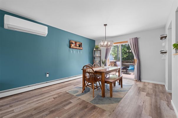 Dining room, Interior, Pendant Lights, Wood Texture Flooring
