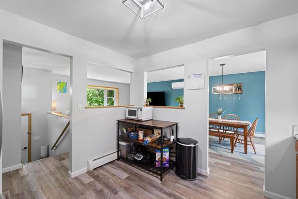 Dining room, Interior, Pendant Lights, Wood Texture Flooring