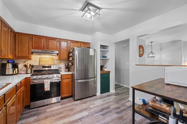 Interior, Kitchen, Pendant Lights, Stainless Steel Appliances, Wood Texture Flooring