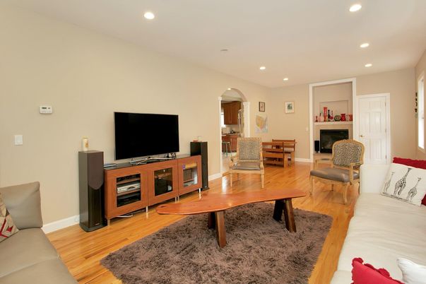 Fireplace, Interior, Living room, Recessed Lighting, Wood Texture Flooring