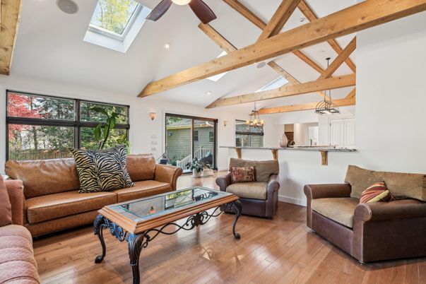 Chandelier, Dining room, Interior, Living room, Pendant Lights, Recessed Lighting, Wooden Beams, Wood Texture Flooring