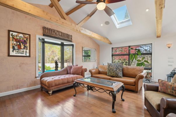 Interior, Living room, Recessed Lighting, Wooden Beams, Wood Texture Flooring