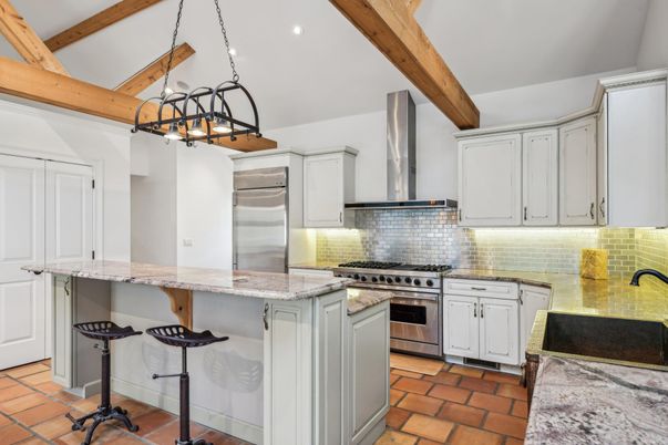 Chandelier, Interior, Kitchen, Pendant Lights, Stainless Steel Appliances, Wooden Beams