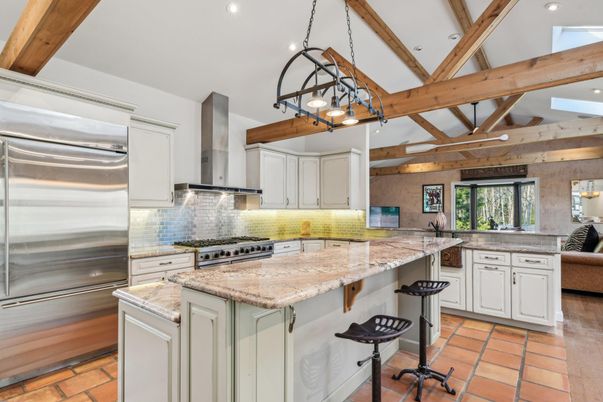 Chandelier, Interior, Kitchen, Pendant Lights, Recessed Lighting, Stainless Steel Appliances, Wooden Beams