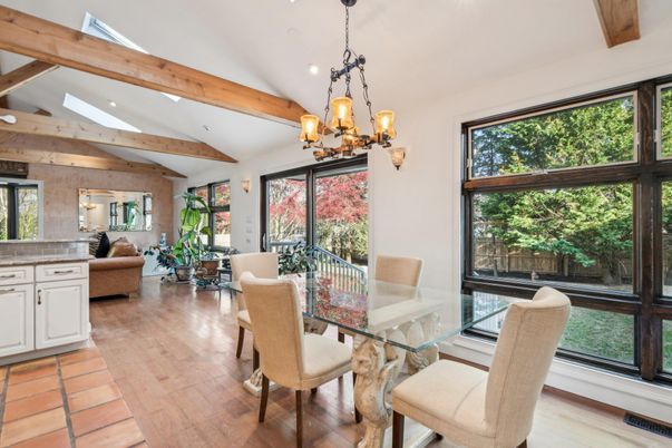 Chandelier, Dining room, Interior, Living room, Recessed Lighting, Wooden Beams, Wood Texture Flooring