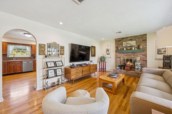Fireplace, Interior, Kitchen, Living room, Recessed Lighting, Stone Walls, Wood Texture Flooring