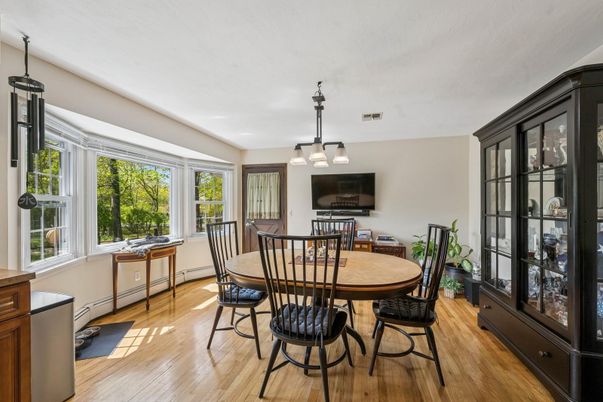 Dining room, Interior, Pendant Lights, Wood Texture Flooring