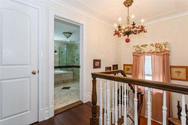 Bathroom, Chandelier, Glass Shower, Interior, Wood Texture Flooring