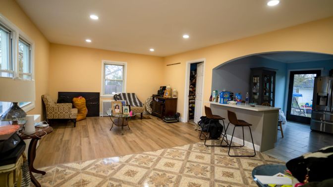 Interior, Kitchen, Living room, Recessed Lighting, Wood Texture Flooring