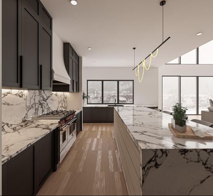 Interior, Kitchen, Marble Walls, Pendant Lights, Recessed Lighting, Stainless Steel Appliances, Wood Texture Flooring