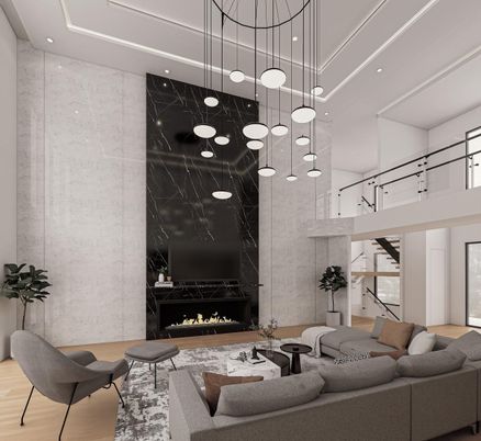Fireplace, Interior, Living room, Marble Walls, Pendant Lights, Recessed Lighting, Wood Texture Flooring