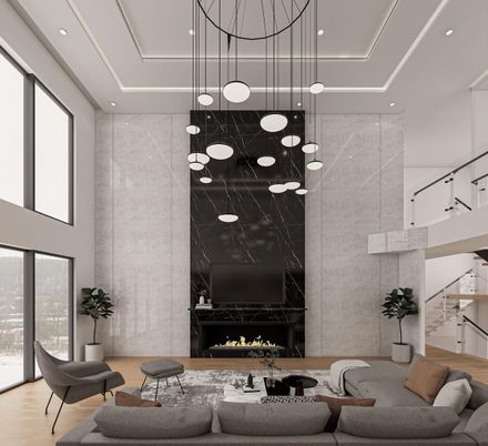 Fireplace, Interior, Living room, Marble Walls, Pendant Lights, Recessed Lighting, Wood Texture Flooring