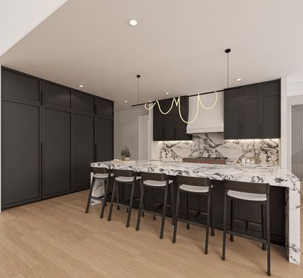 Interior, Kitchen, Marble Walls, Pendant Lights, Recessed Lighting, Wood Texture Flooring