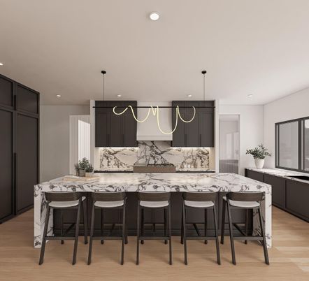 Interior, Kitchen, Marble Walls, Pendant Lights, Recessed Lighting, Wood Texture Flooring