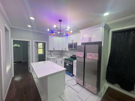 Interior, Kitchen, Pendant Lights, Recessed Lighting, Stainless Steel Appliances, Wood Texture Flooring