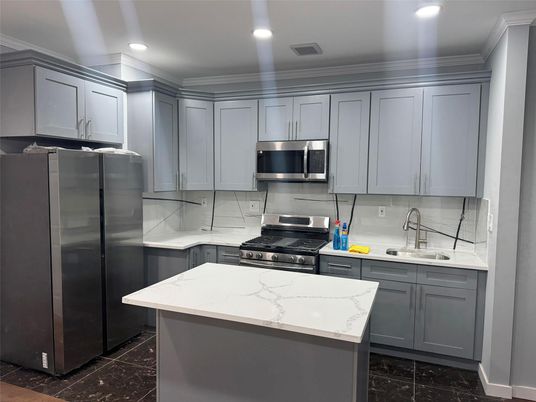 Interior, Kitchen, Marble, Recessed Lighting, Stainless Steel Appliances