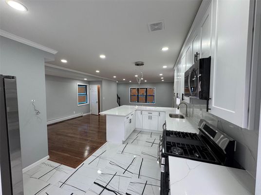 Interior, Kitchen, Pendant Lights, Recessed Lighting, Stainless Steel Appliances, Wood Texture Flooring