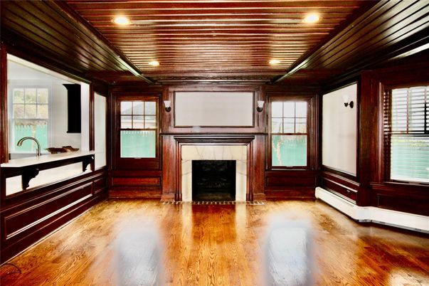 Empty room, Fireplace, Interior, Recessed Lighting, Wooden Ceilings, Wood Texture Flooring, Wooden Walls