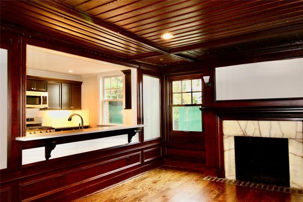 Fireplace, Interior, Kitchen, Recessed Lighting, Wooden Ceilings, Wood Texture Flooring, Wooden Walls