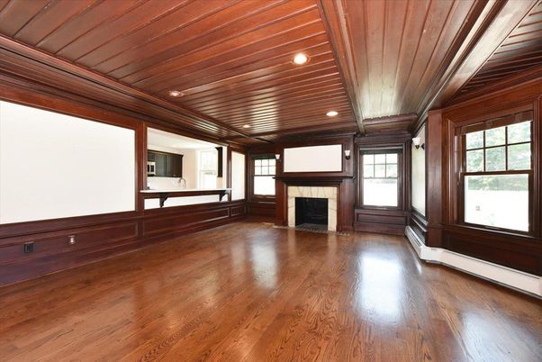 Empty room, Fireplace, Interior, Recessed Lighting, Wooden Ceilings, Wood Texture Flooring, Wooden Walls