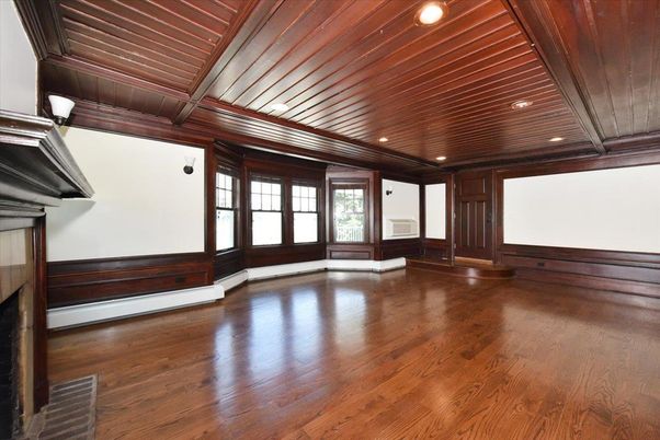 Empty room, Fireplace, Interior, Recessed Lighting, Wooden Beams, Wooden Ceilings, Wood Texture Flooring, Wooden Walls